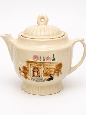 Vintage Country Cottage Fireplace Ceramic Teapot w/Lid Farmhouse Kitchen Decor